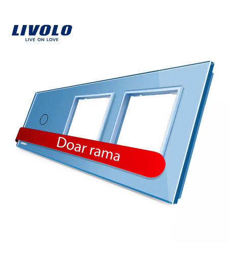 Panou intrerupator simplu cu touch si 2 prize Livolo din sticla, albastru