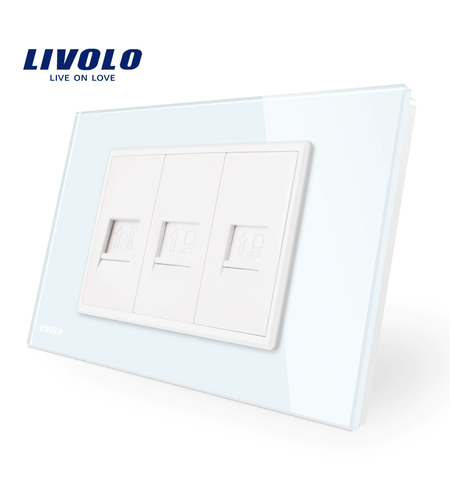 Priza telefon+dubla internet Livolo cu rama din sticla - standard italian, alb