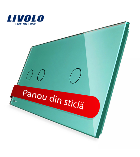 Panou intrerupator dublu + simplu cu touch Livolo din sticla, verde