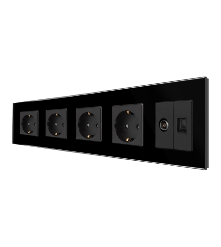 Priza Cvadrupla Schuko + TV + Internet cu Rama Din Sticla LUXION, negru