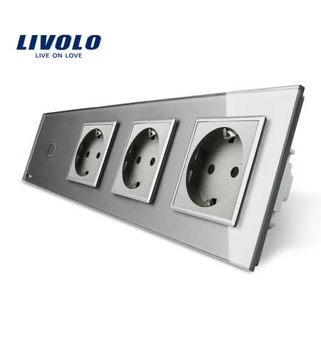 Intrerupator simplu + Priza tripla LIVOLO cu touch din sticla, gri