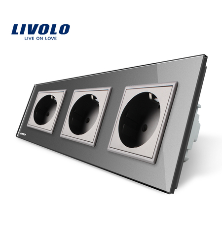Priza tripla Livolo cu rama din sticla, gri