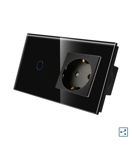 Intrerupator Simplu Cap Scara / Cruce + Priza cu Rama din Sticla LUXION, Serie A, negru