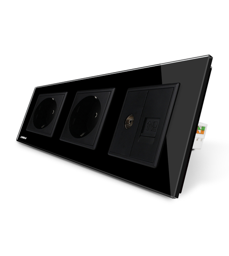 Priza tripla Livolo cu rama din sticla 2 prize simple+TV/internet, negru