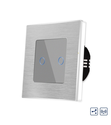 Intrerupator Dublu Cap Scara / Cruce cu Touch din Sticla si Rama de Aluminiu LUXION, RF433, gri