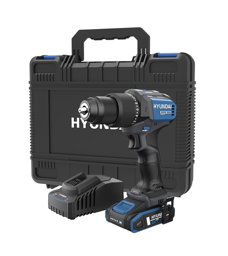 Masina de gaurit si insurubat cu percutie Hyundai HD20X-60TT, motor fara perii, 2 trepte de viteza, cuplu 60 Nm, mandrina metalica de 13 mm, 1 acumulator x 2 Ah, incarcator si valiza transport