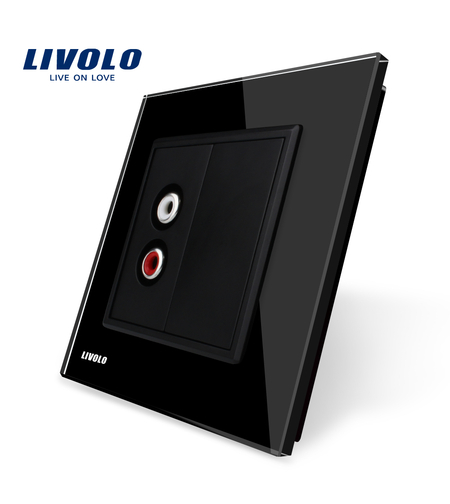 Priza simpla audio Livolo cu rama din sticla, negru