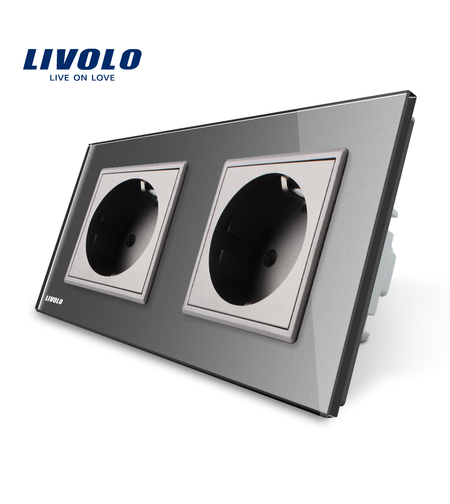 Priza dubla Livolo cu rama din sticla, gri