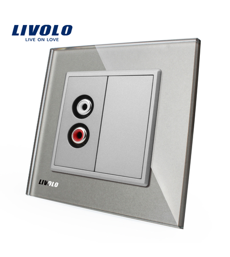 Priza simpla audio Livolo cu rama din sticla, gri