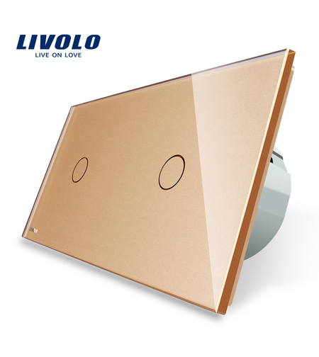 Intrerupator simplu + simplu cu touch Livolo din sticla, auriu