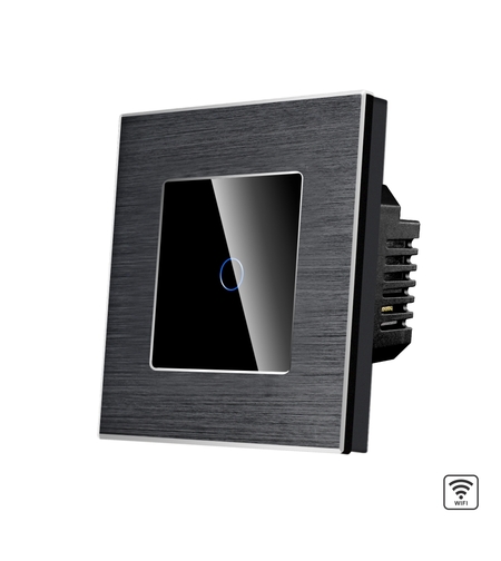 Intrerupator Simplu Wi-Fi cu Touch din Sticla si Rama de Aluminiu LUXION, negru