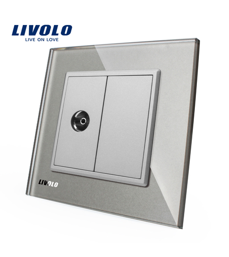 Priza simpla TV Livolo cu rama din sticla, gri