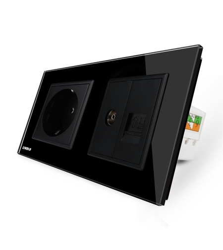 Priza dubla Livolo cu rama din sticla 1 priza Schuko+TV/internet, negru