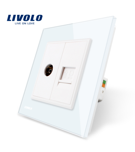 Priza dubla TV + priza internet Livolo cu rama din sticla, alb