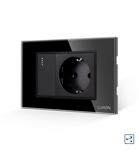 Intrerupator Simplu Cap Scara + Priza cu Rama din Sticla LUXION, Standard Italian, 3M, negru