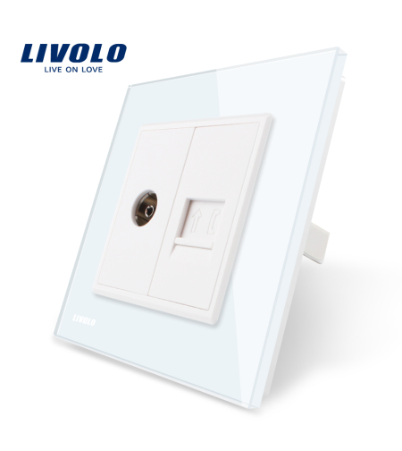 Priza dubla TV + Telefon Livolo cu rama din sticla, alb
