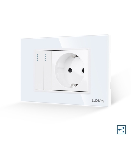 Intrerupator Dublu Cap Scara + Priza cu Rama din Sticla LUXION, Standard Italian, 3M, alb