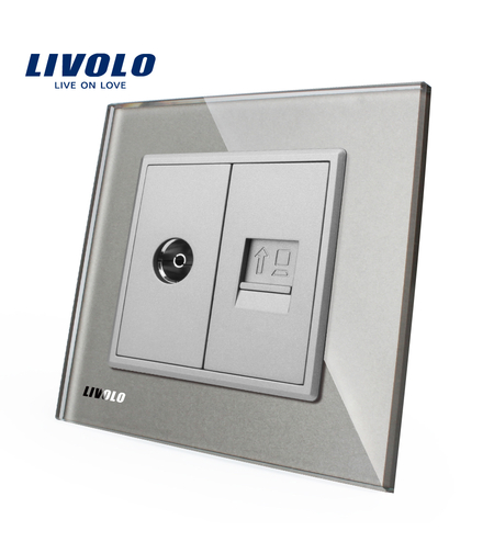 Priza dubla TV + priza internet Livolo cu rama din sticla, gri