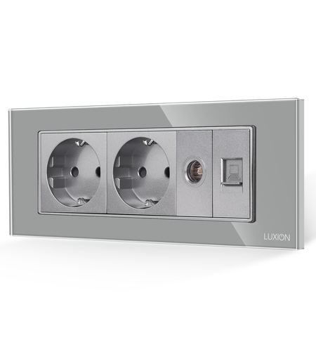 Priza Dubla Schuko + TV + Internet cu Rama din Sticla LUXION, Standard Italian, 6M, gri
