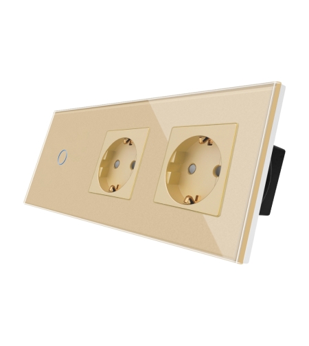 Intrerupator Simplu + 2 Prize cu Rama din Sticla LUXION, auriu
