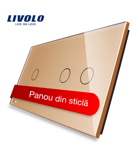 Panou intrerupator simplu+dublu cu touch Livolo din sticla, auriu