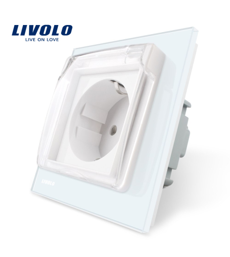 Priza simpla Livolo cu rama din sticla si capac de protectie rezistent la apa, alb