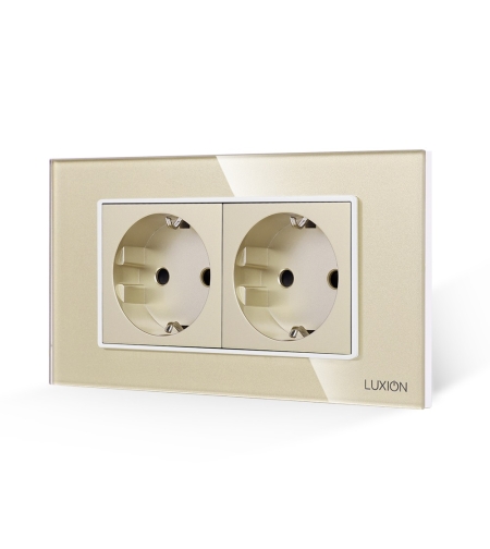 Priza Dubla cu Rama din Sticla LUXION, Standard Italian, 4M, auriu