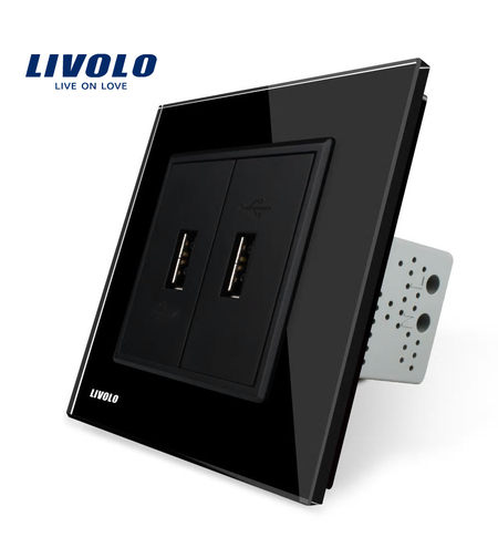 Priza dubla USB Livolo cu rama din sticla, negru
