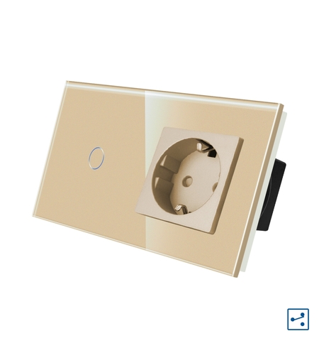 Intrerupator Simplu Cap Scara / Cruce + Priza cu Rama din Sticla LUXION, Serie A, auriu