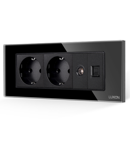 Priza Dubla Schuko + TV + Internet cu Rama din Sticla LUXION, Standard Italian, 6M, negru