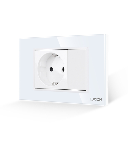 Priza Simpla si 1 Tasta Falsa cu Rama din Sticla LUXION, Standard Italian, 3M, alb