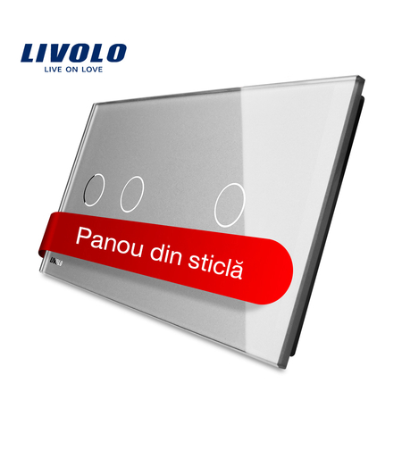 Panou intrerupator dublu + simplu cu touch Livolo din sticla, gri