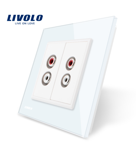 Priza dubla audio Livolo cu rama din sticla, alb