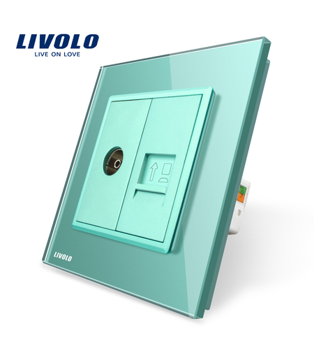 Priza dubla TV + priza internet Livolo cu rama din sticla, verde
