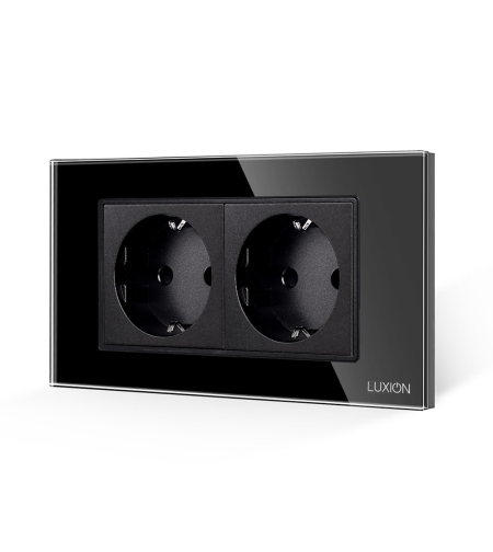 Priza Dubla cu Rama din Sticla LUXION, Standard Italian, 4M, negru