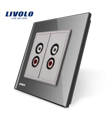 Priza dubla audio Livolo cu rama din sticla, gri