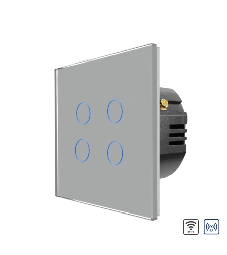 Intrerupator Cvadruplu Wi-Fi + RF433 cu Touch din Sticla LUXION, gri
