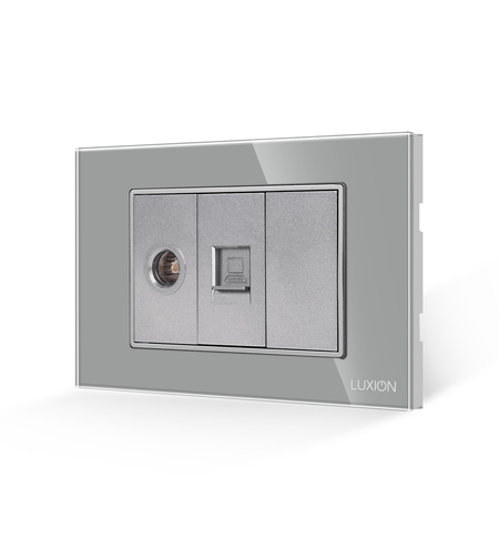 Priza TV + Internet cu Rama din Sticla LUXION, Standard Italian, 3M, gri