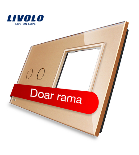 Panou intrerupator dublu cu touch + priza simpla Livolo din sticla, auriu
