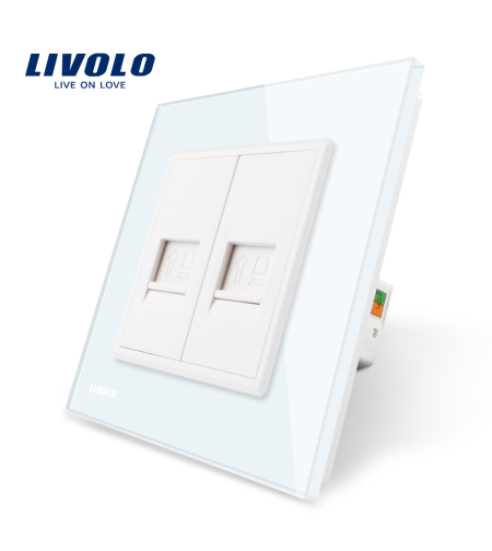 Priza dubla internet Livolo cu rama din sticla, alb