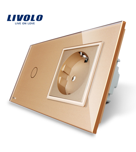 Intrerupator simplu cap scara / cap cruce + priza simpla Livolo rama din sticla, auriu