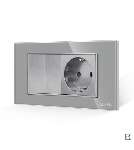 Intrerupator Dublu Cap Scara + Priza cu Rama din Sticla LUXION, Standard Italian, 4M, gri