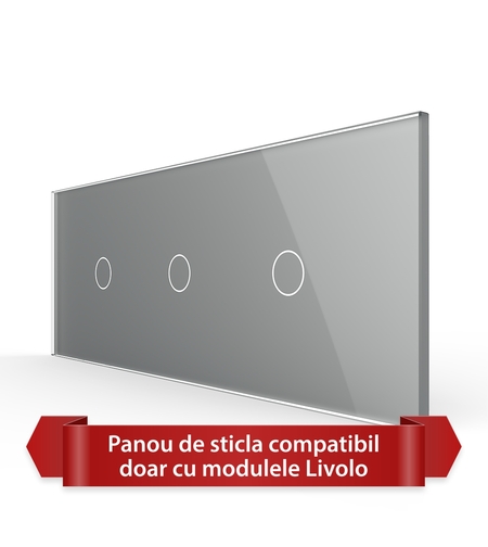 Panou Intrerupator Simplu + Simplu + Simplu cu Touch LIVOLO din Sticla, Standard Italian - 6/7M, gri