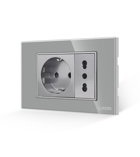 Priza Schuko + Universala Italiana cu Rama din Sticla LUXION, Standard Italian, 3M, gri