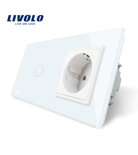 Intrerupator simplu cap scara / cap cruce + priza simpla Livolo rama din sticla, alb