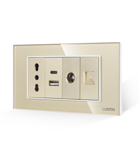 Priza Ingusta + Dubla USB + TV + Internet cu Rama Din Sticla LUXION, Standard Italian, 4M, auriu