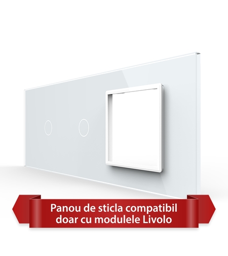 Panou Intrerupator Simplu + Simplu cu Priza LIVOLO din Sticla, Standard Italian - 6/7M, alb