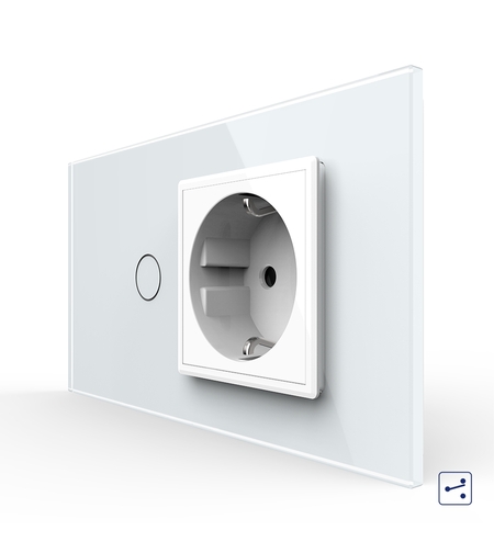 Intrerupator Simplu Cap Scara / Cruce + Priza LIVOLO cu Rama Din Sticla, Standard Italian, 4M, alb