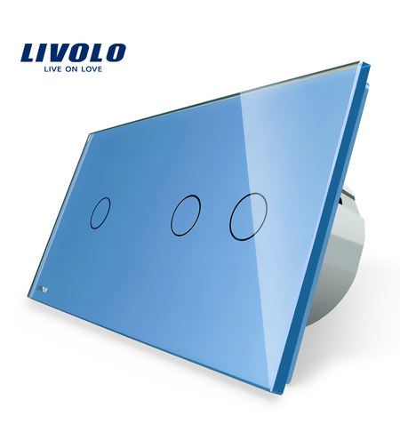 Intrerupator simplu + dublu cu touch Livolo din sticla, albastru
