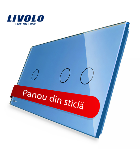 Panou intrerupator simplu+dublu cu touch Livolo din sticla, albastru